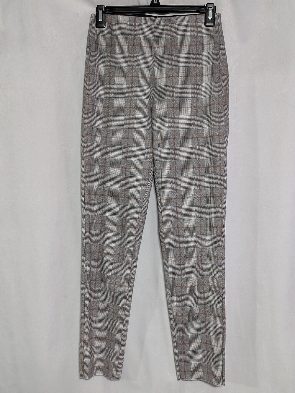 Zara Women's Elastic Waist Gray Glen Plaid Dress Pants with Brown Windowpane, S